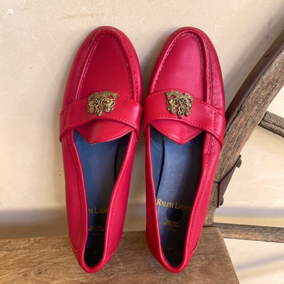 RALPH LAUREN Vtg 80s Red Leather Loafers Crest Bench Made Maine USA 7.5 NEW RARE - Picture 10 of 14